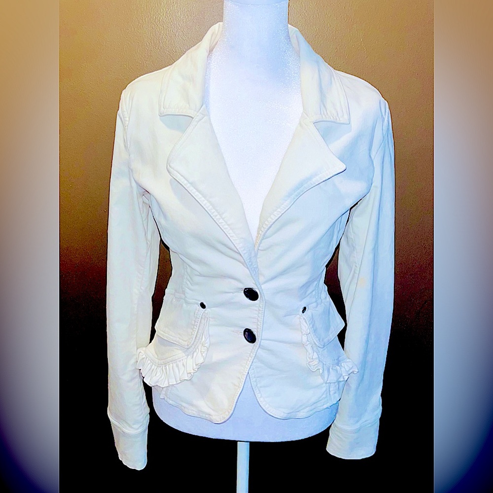Twill Twenty Two by Anthropologie Ivory Velvet Blazer with Ruffles and Rouching